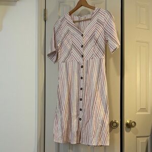 NY Collection Striped Button-Front Midi Dress in White and Pink